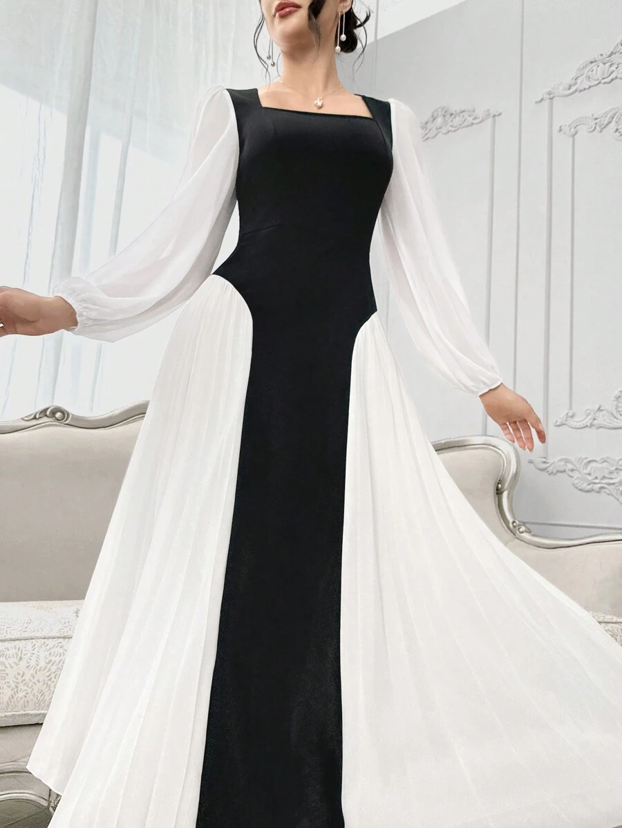 Modelyn Women's Solid Color Splicing Square Neck Long Sleeve Arabian Dress - Black and White - View 1