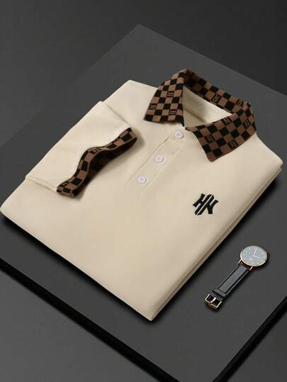 Manfinity Mode 男士夏季通勤字母印花网格四分之一纽扣短袖高尔夫 Polo 衫，适合工作、男友礼物