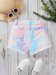 SHEIN Tween Girl 复古扎染多巴胺颜色宽松舒适磨边牛仔短裤 - 淡紫色 - 查看 2