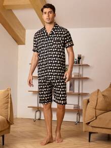 Men's Simple Printed Short Sleeve And Shorts Homewear Set - Black - View 3