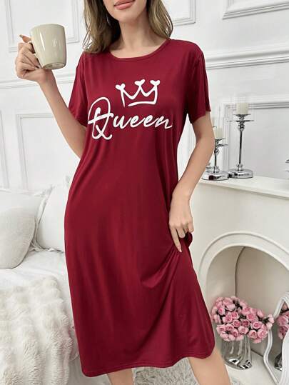 Letter Print Short Sleeve Shirt Long Pajama Night Dress, Moo Sleep Dress