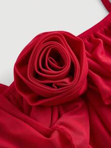 SHEIN MOD 浪漫红色网眼荷叶边下摆大码女式上衣，带 3D 花朵装饰上衣玫瑰女士上衣红色