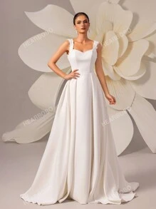 Women's Solid Color Sleeveless Backless Minimalist Waist-Cinched Maxi Wedding Dress With Train White Elegant Bridal Dress