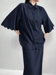 Mulvari Bộ 2 món áo khoác trễ vai trơn và váy hai dây cho mùa hè - Màu xanh hải quân - Xem 8