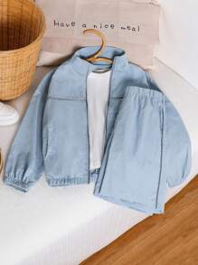 SHEIN Conjunto de chaqueta casual y deportiva que brilla en la oscuridad para niño preadolescente, azul claro, sencilla y versátil