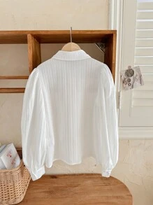 SHEIN LMoss Kids LMoss Tween 女童纯白色编织运动休闲长袖衬衫 - 白色 - 查看 2