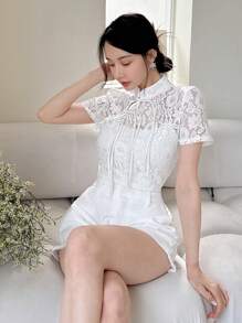 EastFlair Women's Solid Color Simple Lace Chinese Style Top For Daily Wear - White - View 6