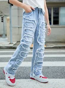 Tween Boy Light Wash Blue Embroidered Patchwork Frayed Hem Straight Leg Fashionable Casual Jeans - Light Wash - View 1