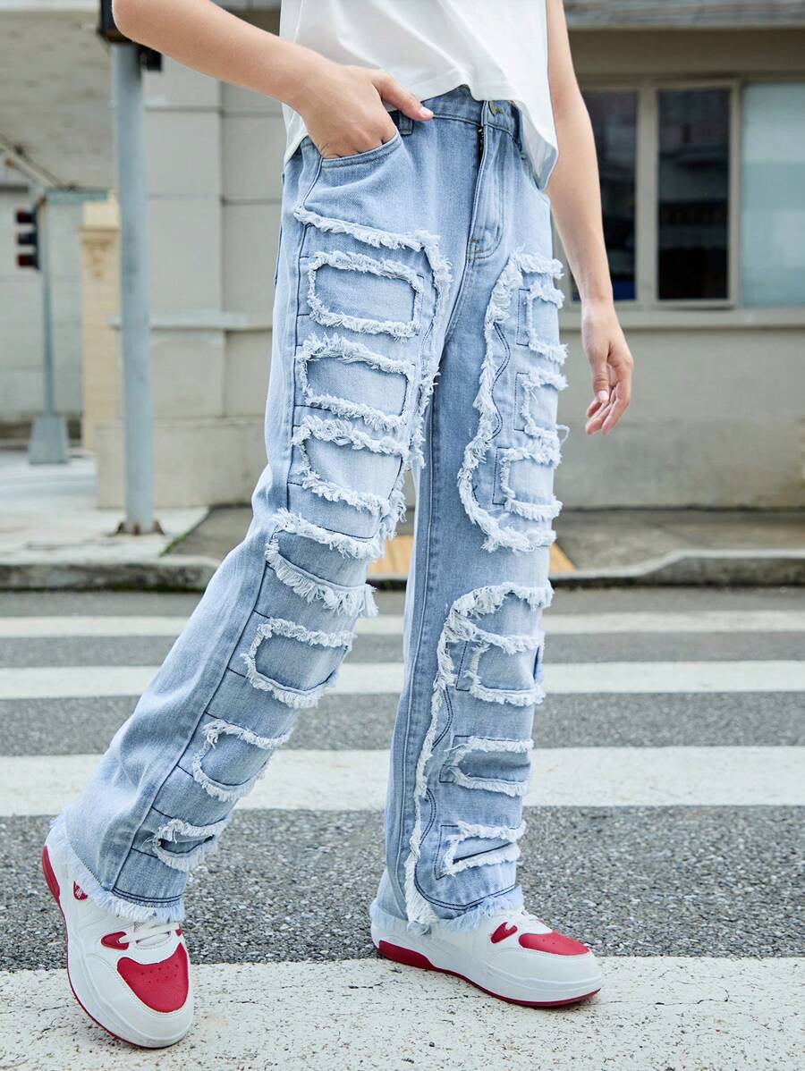 Tween Boy Light Wash Blue Embroidered Patchwork Frayed Hem Straight Leg Fashionable Casual Jeans - Light Wash - View 1