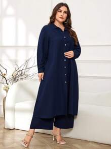 Mulvari 大码春秋休闲长衬衫和阔腿裤 2 件套，朴素休闲时尚长款套装 - 藏蓝色 - 查看 4