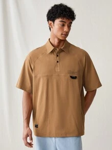 Manfinity VCAY 男裝編織時尚日常年輕休閒純色英文字印花寬鬆短袖襯衫 - 咖啡棕 - 查看 5