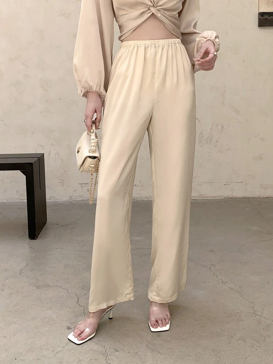 EastFlair Solid Elastic Waist Straight Leg Pants - Apricot - View 1