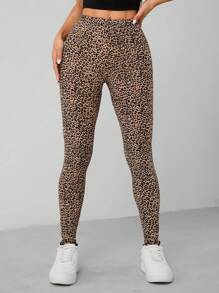 SHEIN PETITE 女士高腰高彈力豹紋緊身褲 - 彩色 - 查看 6