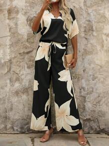 SHEIN Clasi Women's Holiday Casual Floral Printed Batwing Sleeve Shirt And Long Pants Two-Piece Set - Black - View 5