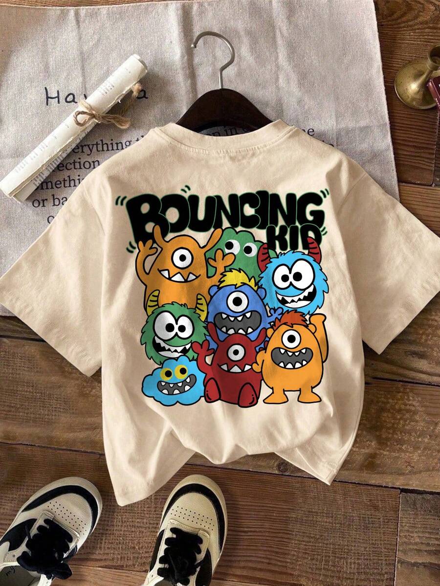 SHEIN EZwear Plus Size Casual & Simple Cartoon Monster Pattern Round Neck Short Sleeve T-Shirt In - Apricot - View 1