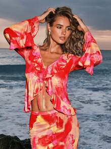 Opulessa Vacation Multi-Print Women's Flare Sleeve Top With Ruffle Hem, Long Sleeve