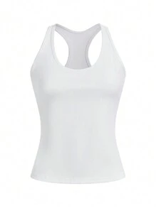 Easithlete Women High Elasticity Breathable Sports Gym Tank Top With Inner Lining, Built-In Bra Cups, Round Neckline And Open Back Design - White - View 1