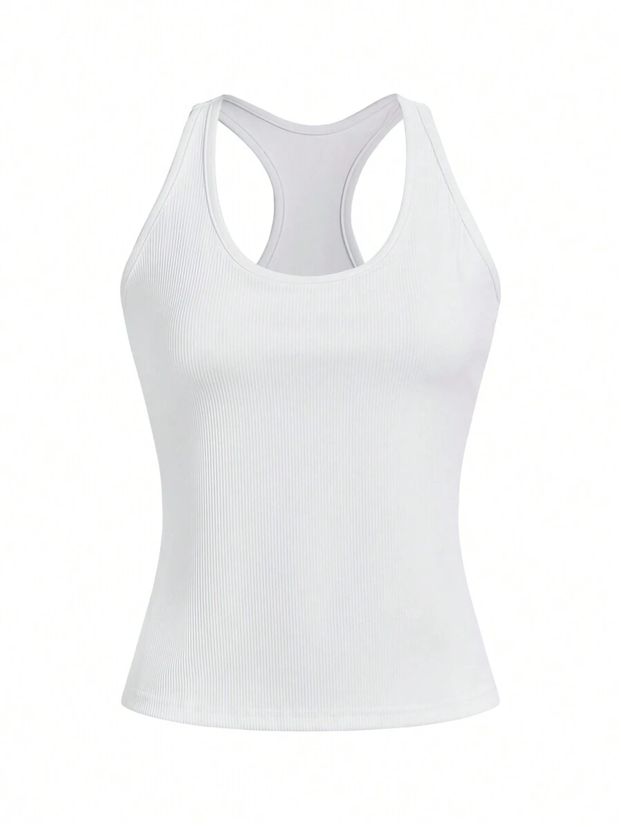Easithlete Women High Elasticity Breathable Sports Gym Tank Top With Inner Lining, Built-In Bra Cups, Round Neckline And Open Back Design - White - View 1