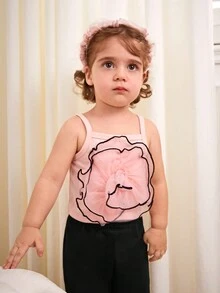 SHEIN Conjunto de top corto y pantalones acampanados suaves para bebé niña, con diseño floral sutil y delicado, apto para usar en casa, al aire libre y en fiestas, ideal para verano - Multicolor - Ver 4
