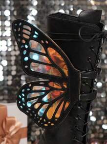 2024 New Thick-Soled Punk Boots With Glossy Surface, Butterfly Decoration, Black Gothic Style Platform Mid-Calf Boots For Women