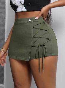 SHEIN SXY Plus Size Elastic Army Green Belted Skirted Pants - Army Green - View 1