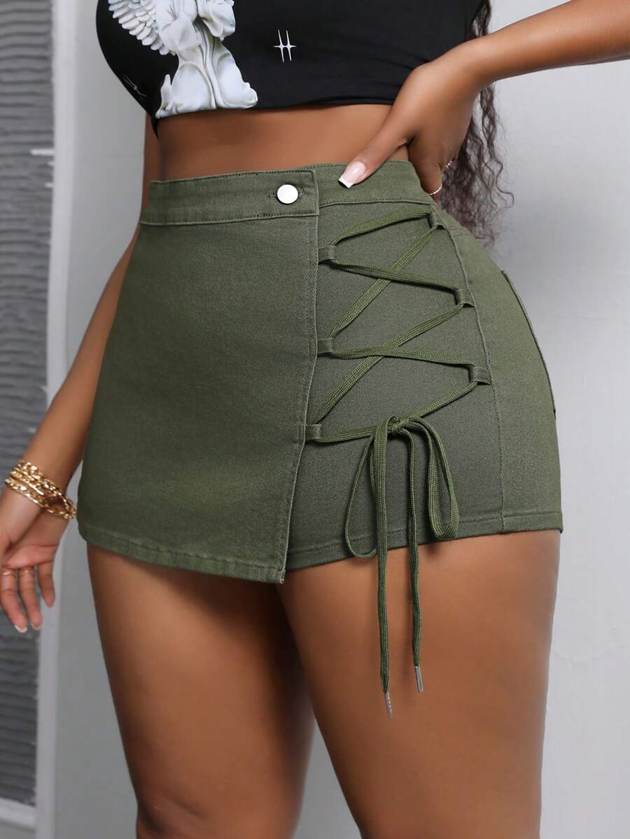 SHEIN SXY Plus Size Elastic Army Green Belted Skirted Pants - Army Green - View 1