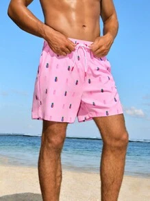 Manfinity Men's Pineapple Print Drawstring Waist Loose Fit Beach Shorts For Vacation
