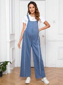 SHEIN Maternity Casual Fringed Denim Overalls, Spring/Summer Jumpsuit