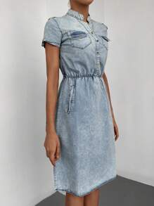 RueChic Flap Pocket Half Button Denim Dress - Light Wash - View 6