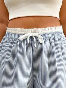 SHEIN EZwear Pantaloni largi, casual, cu dungi, albastru și alb, pentru vacanță - Albastru si alb - Vizualizare 6
