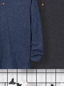 SHEIN Áo thun dệt kim dài tay cổ tròn Tween dáng rộng giản dị thoải mái - Màu xanh lam - Xem 3