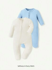 Cozy Pixies 新生嬰兒男寶寶純色連腳爬服細身2件套裝 - 藍色 - 查看 1