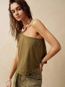 Bohemela 度假夏季不对称领口短款女式 T 恤 - 橄欖綠 - 查看 6