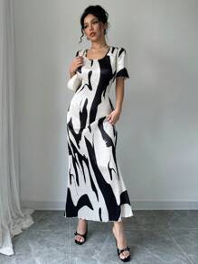 SHEIN Geo Print Square Neck Puff Sleeve Dress Maxi Women Outfit - Apricot - View 6