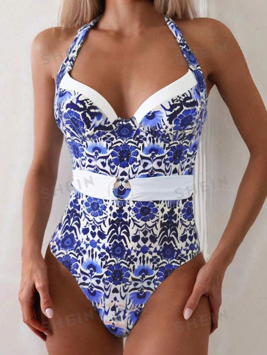 SHEIN Swim 1 pieza Sostén push-up para mujer con estampado aleatorio, inalámbrico, para verano