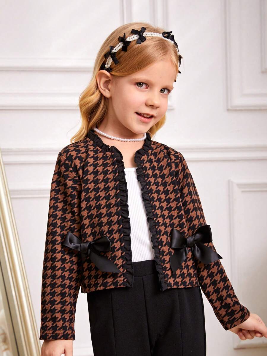 SHEIN 年轻女孩休闲百搭秋冬短款千鸟格夹克，搭配黑色蝴蝶结和装饰边饰，前开式设计，轻盈奢华别致，适合秋冬季室内穿着