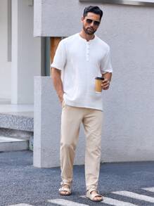 Manfinity VCAY 男士纯棉抽绳高腰裤纯色长款锥形裤度假休闲裤，适合送给老公、男朋友的礼物，秋季 - 米色 - 查看 6