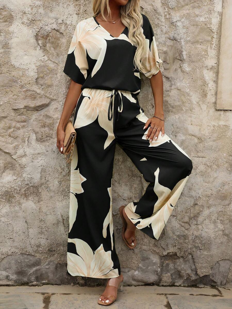 SHEIN Clasi Women's Holiday Casual Floral Printed Batwing Sleeve Shirt And Long Pants Two-Piece Set - Black - View 1