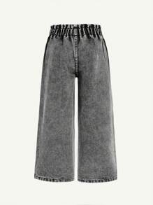 SHEIN 少女新款假期向日葵蕾絲彈性腰帶舒適柔軟寬鬆休閒時尚牛仔褲，水洗 - 黑色 - 查看 2