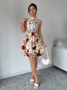 Chiquease Women's 3D Floral Summer Halter Neck Sleeveless Flower Dress - Apricot - View 6