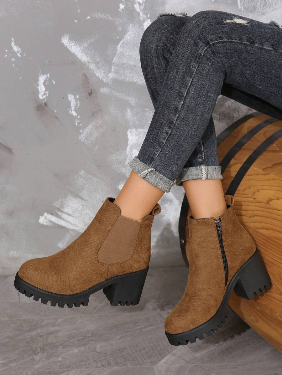 女式新款春秋冬黑色極簡主義者側拉鍊圓頭楔形跟厚底仿麂皮切爾西短靴，時尚舒適優雅