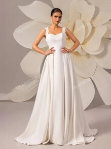 Women's Solid Color Sleeveless Backless Minimalist Waist-Cinched Maxi Wedding Dress With Train White Elegant Bridal Dress