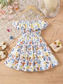 Young Girl's Woven Butterfly Pattern Off Shoulder Ruffle Hem Holiday Dress - White - View 2