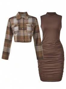 SHEIN Explorewe 少女时尚街头风格简约格子衬衫领无袖连衣裙套装 - 彩色 - 查看 3