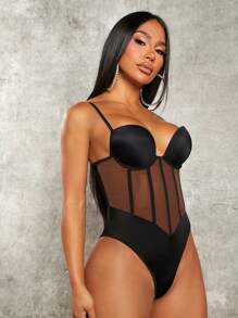 SHEIN SXY Contrast Mesh Bustier Cami Bodysuit - Multicolor - View 3