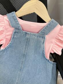 SHEIN Baby Girl Summer Fashion Heart Printed Denim Overall Dress And Cap Sleeve Top Casual Outfit Set - Pink - View 5