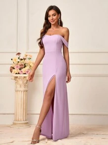 SHEIN Belle Solid Color Off Shoulder Slit Bridesmaid Dress (Adult) Elegant Formal Evening Prom Wedding Guest Gown, For Graduation, Dinner Party Dress