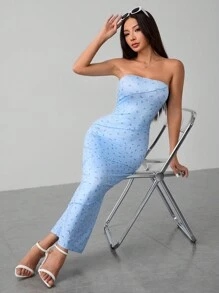 SHEIN PETITE 粉色碎花拼接抹胸紧身连衣裙，适合夏季外出 - 淺藍色 - 查看 3