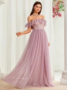 Mgiacy Off-Shoulder Romantic Floral Embroidery Mesh Splice Dress With Ruffled Sleeves - Pink - View 1