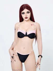 ROMWE Goth Women's Bikini Set With Spaghetti Strap, Backless Ruched Top And Sexy Thong Bottoms Summer Beach - Multicolor - View 5